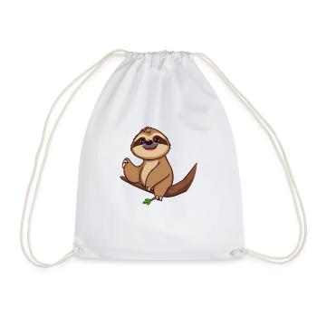 Cheerful Cartoon sloth on Branch with Green Leaves - Drawstring Bag - white - Front