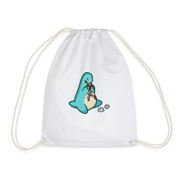 hugadino dino eats chocolate, cute dinosaur - Drawstring Bag - white - Front