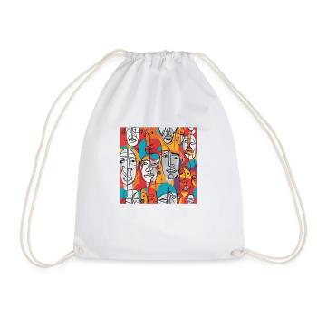 Vibrant Abstract Faces – Contemporary Line Art - Drawstring Bag - white - Front