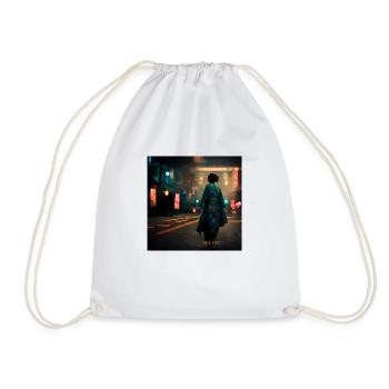 Woman Walking Down Tokyo Street at Night - Drawstring Bag - white - Front
