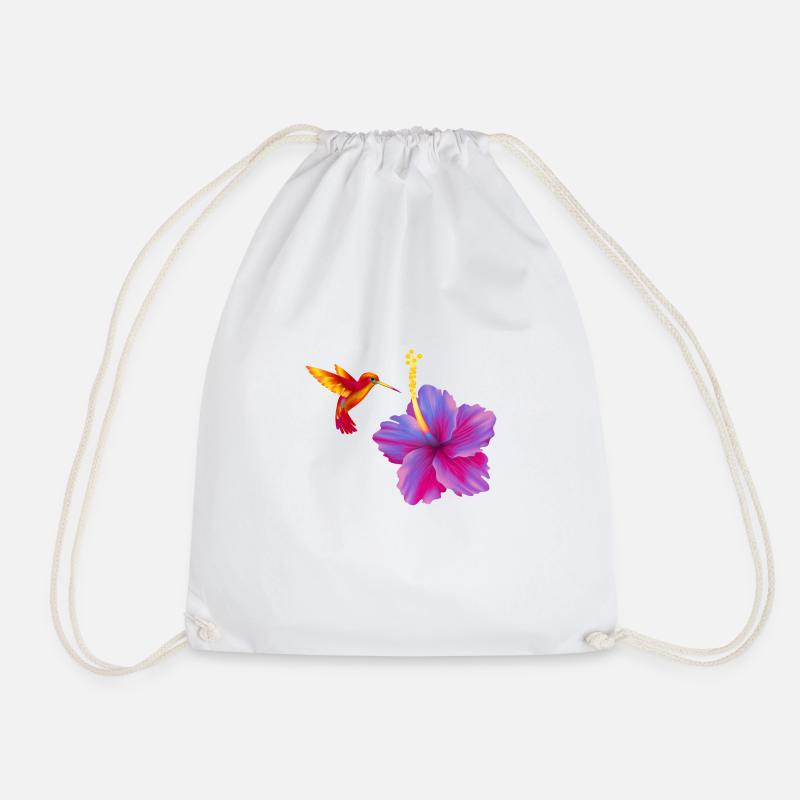 Hibiscus with hummingbird - Drawstring Bag - white