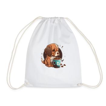 Cute Dog Drinking Coffee - Drawstring Bag - white - Front