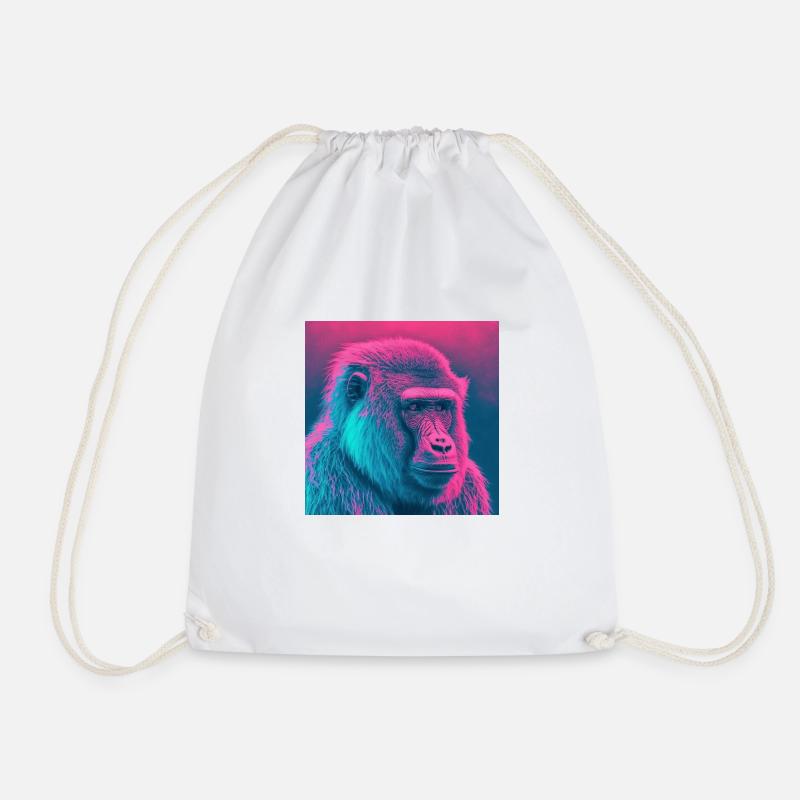 BABOON MONKEY VAPORWAVE, modern art, neon colors - Drawstring Bag - white