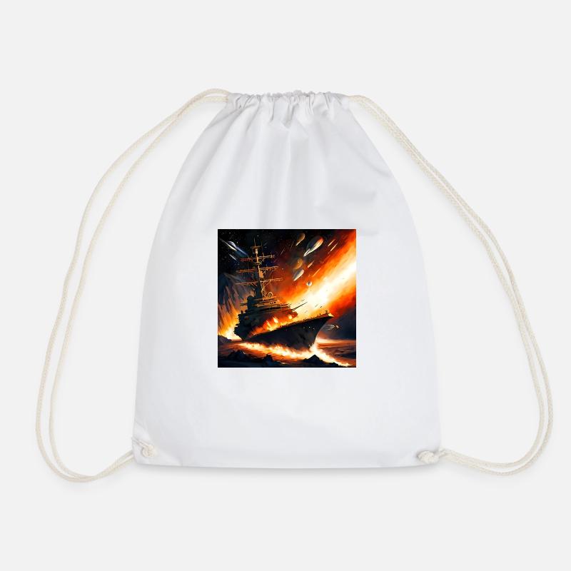 Battle ship in space volcano - Drawstring Bag - white