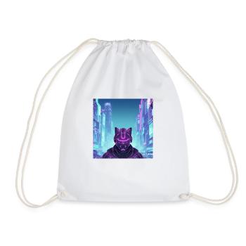 synthwave cyber ninja cat - Drawstring Bag - white - Front