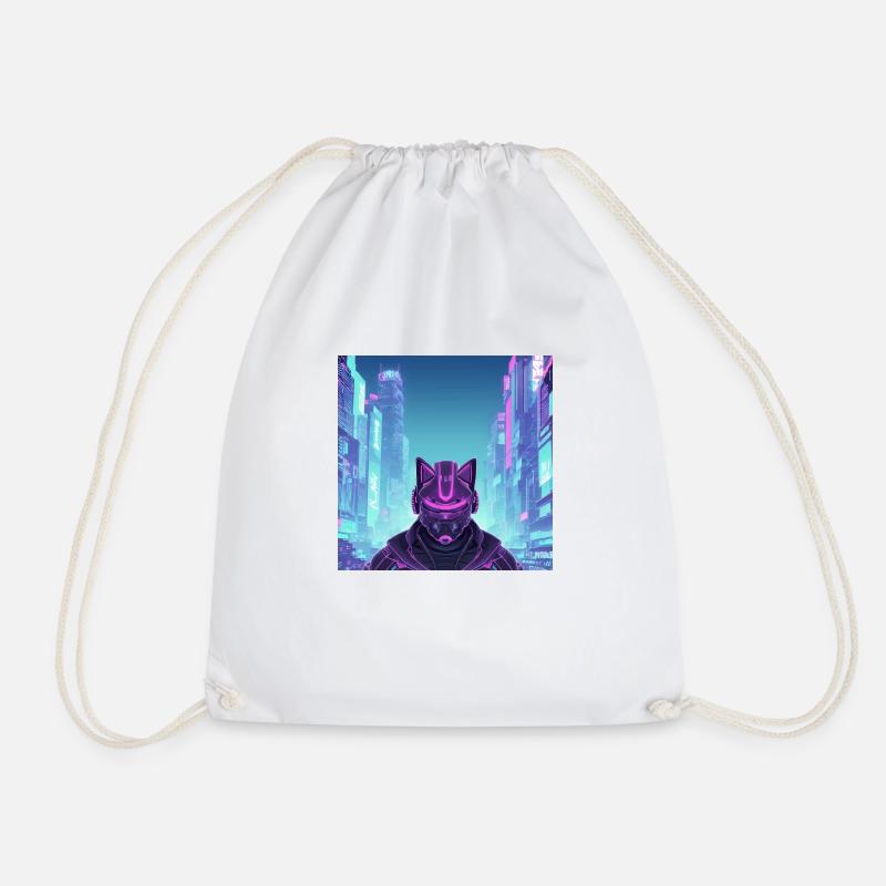 synthwave cyber ninja cat - Drawstring Bag - white