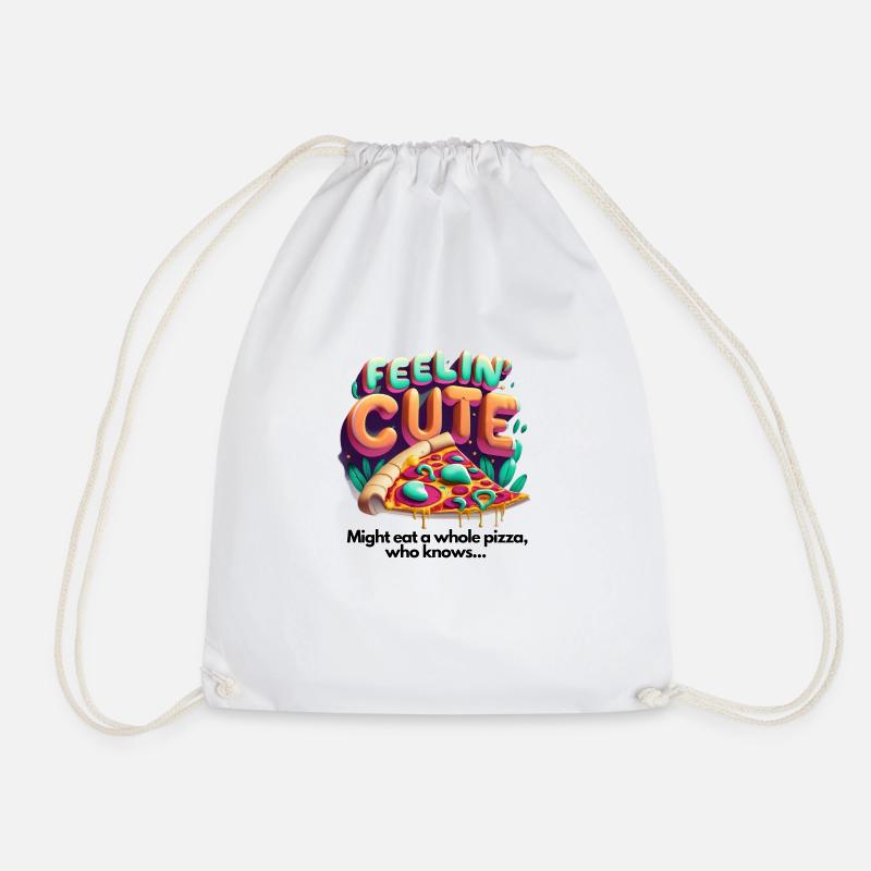 Feelin' Cute: Funny saying with pizza design - Drawstring Bag - white