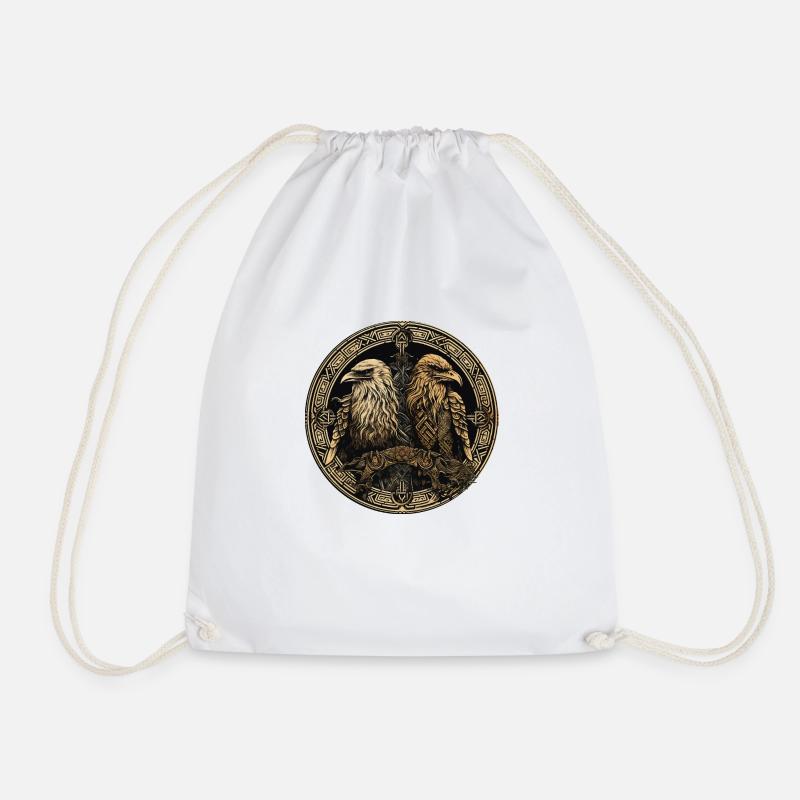 Viking Hugin and Munin Ravens Valhalla Vegvisir - Drawstring Bag - white