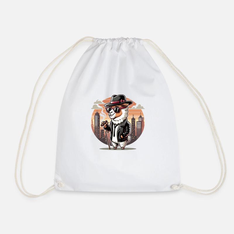 Casual Llama with Hat: Relaxed Charm - Drawstring Bag - white