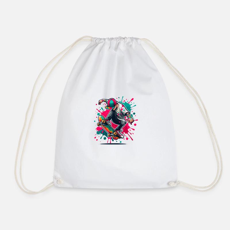 Skateboarder at Ollie: Dynamic Skateboard Ill - Drawstring Bag - white