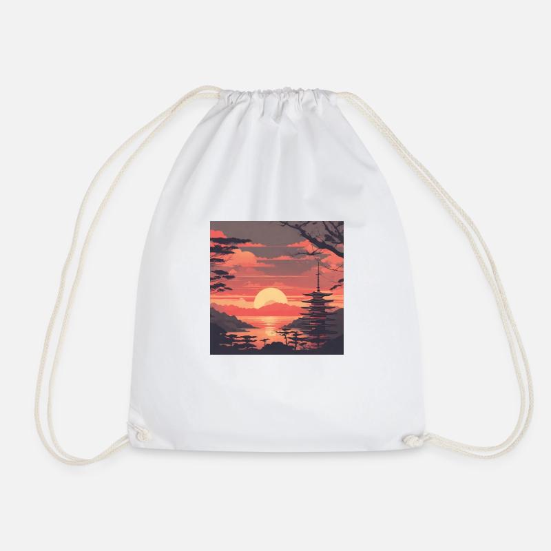 Japanese Sunset – Zen and Serene Landscape - Drawstring Bag - white