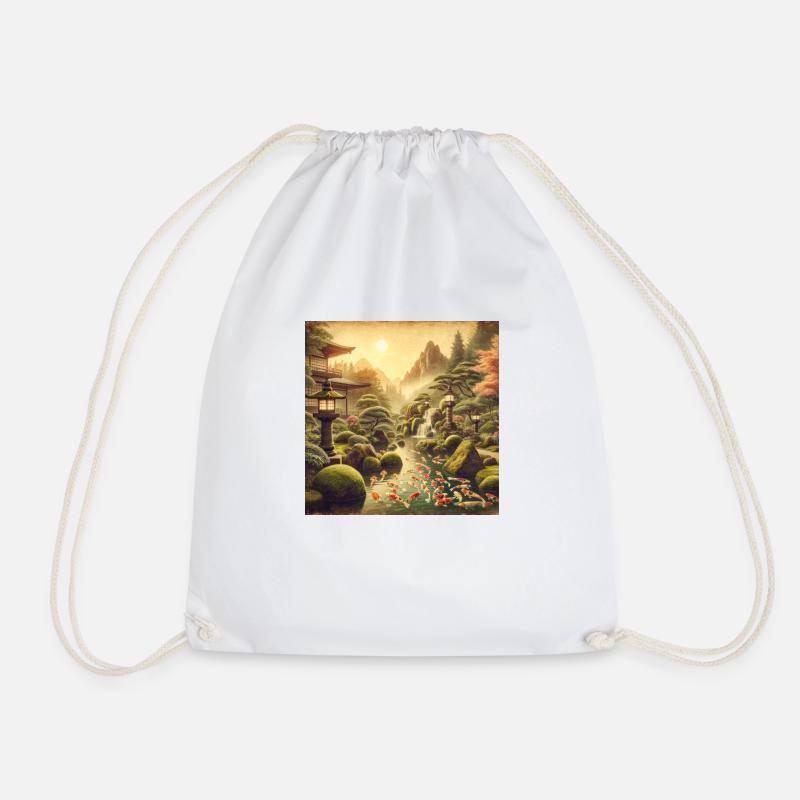 Japan Vintage Kois Moss Waterfall - Drawstring Bag - white