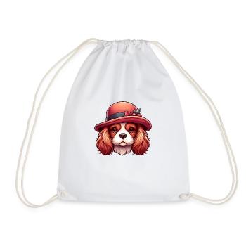 Cavalier King Charles Cute Red Hat Dog - Drawstring Bag - white - Front