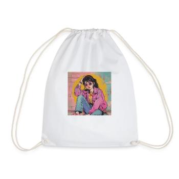 80s anime girl calming high quality fashion print - Drawstring Bag - white - Front