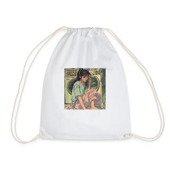 80s anime girl calming high quality fashion print - Drawstring Bag - white - Front