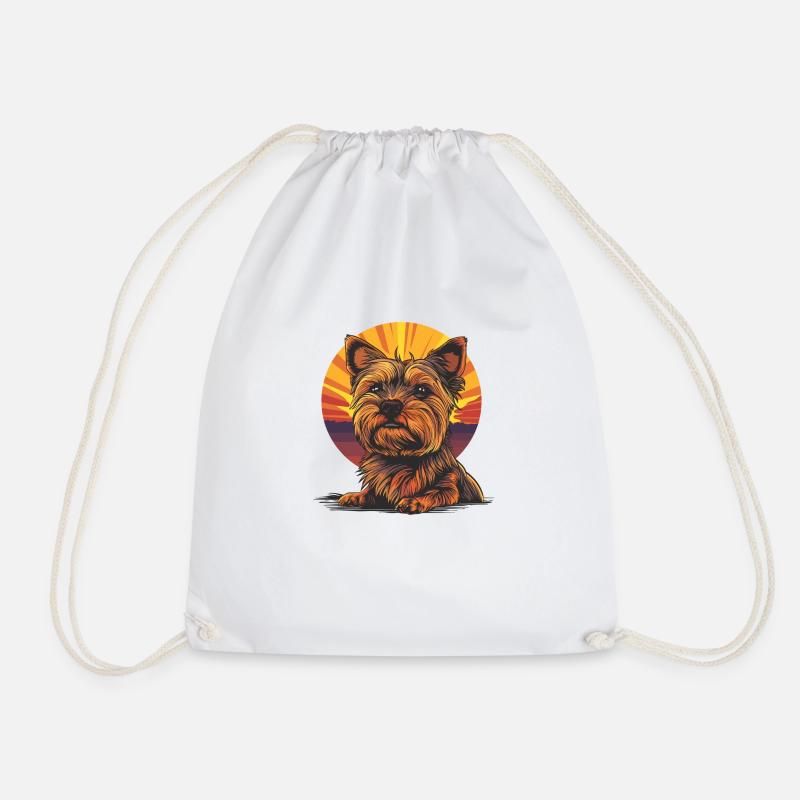 Yorkshire Terrier in front of a sunset cartoon - Drawstring Bag - white