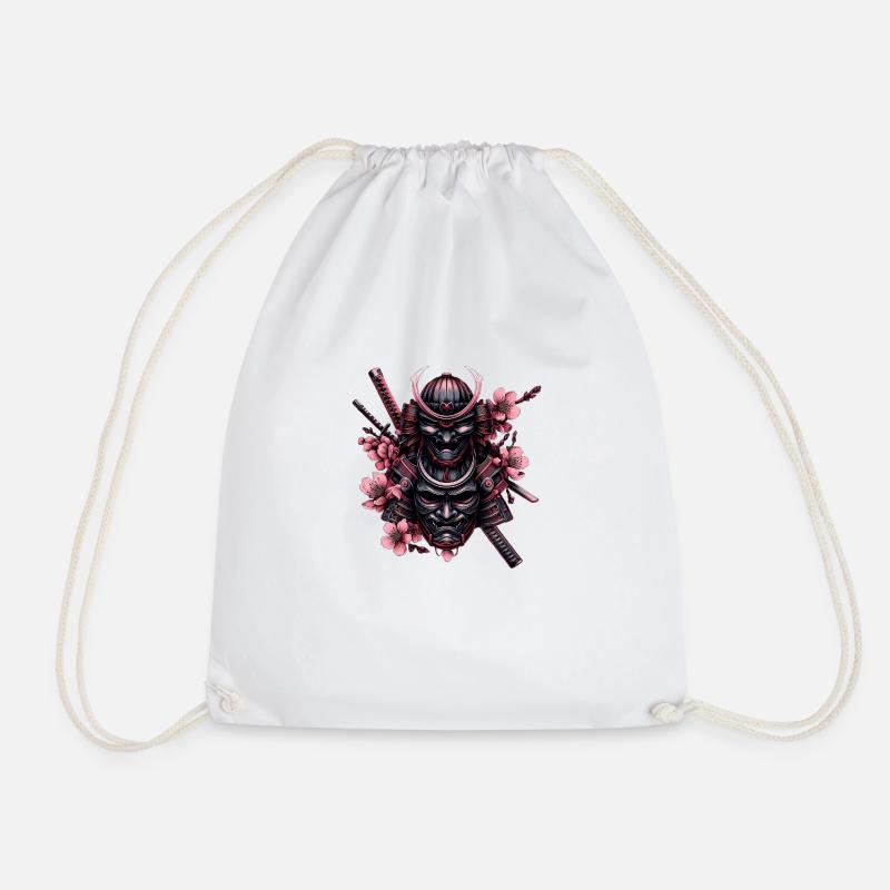 Double Samurai Mask Flowers - Drawstring Bag - white