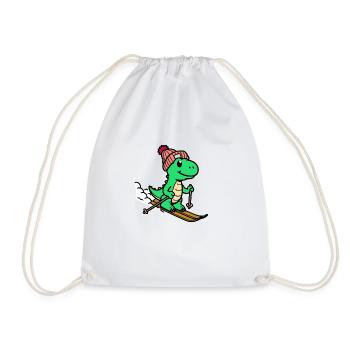 Green Dino Dinosaur Winter Ski Hat on Skis - Drawstring Bag - white - Front