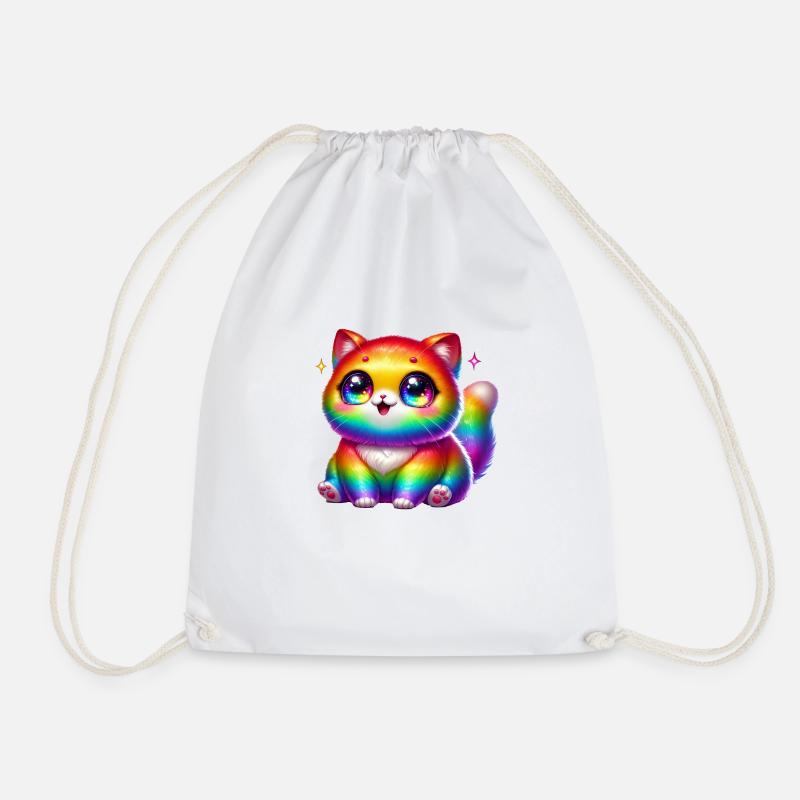 Rainbow Kawaii Cat – Cute Rainbow Cat with Glit - Drawstring Bag - white