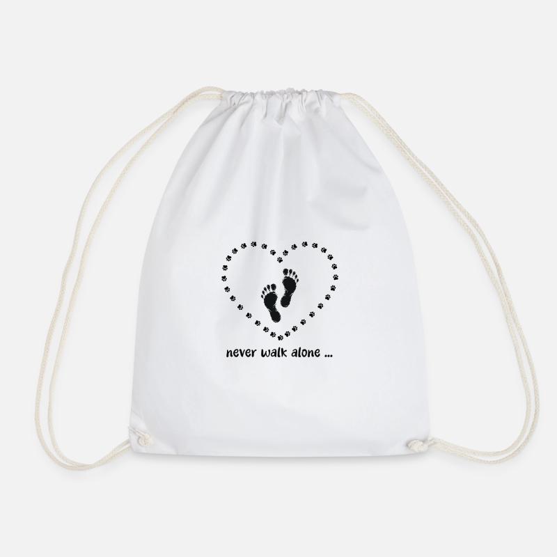 Never walk alone. Dog paws, footprints, heart. - Drawstring Bag - white