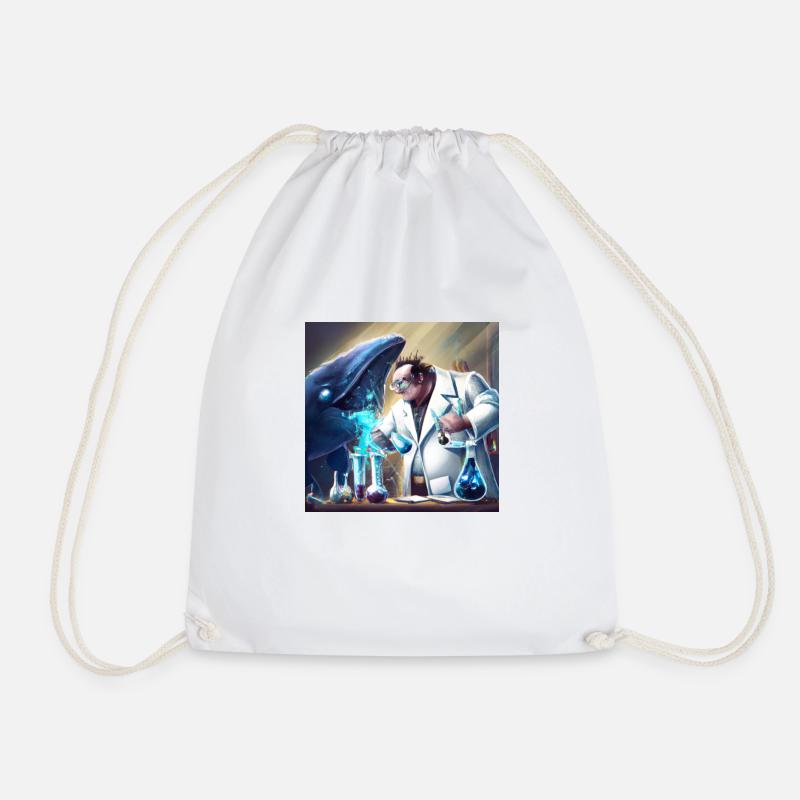 Mad scientist experimenting on a whale - Drawstring Bag - white