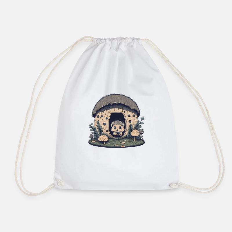 Hedgehog Mushroom Home - Drawstring Bag - white