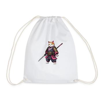 Samurai Cat & Cherry Blossoms #3 - Drawstring Bag - white - Front