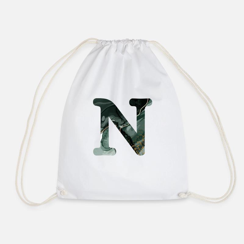Green marbled letter n - Drawstring Bag - white