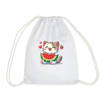 Cute Cat eating Watermelo, Love Kawaii Cats - Drawstring Bag - white - Front