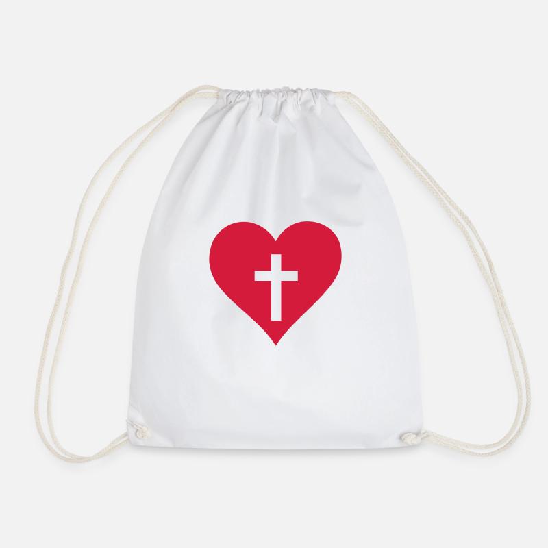 Heart with Christian Cross cutout - Drawstring Bag - white