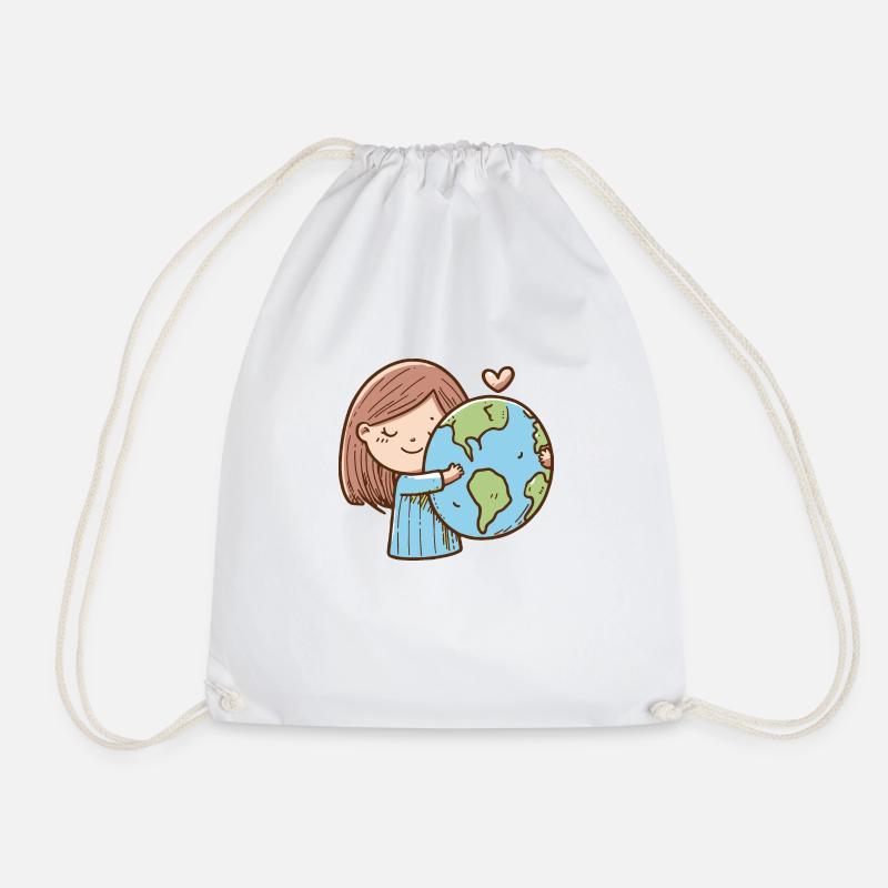Girl hugging a globe, climate protection - Drawstring Bag - white