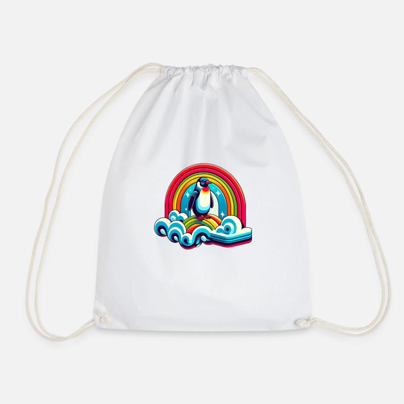 Penguin on rainbow cloud - Drawstring Bag - white