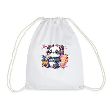 Cute Panda Playing Video games and Boba Tea - Drawstring Bag - white - Front