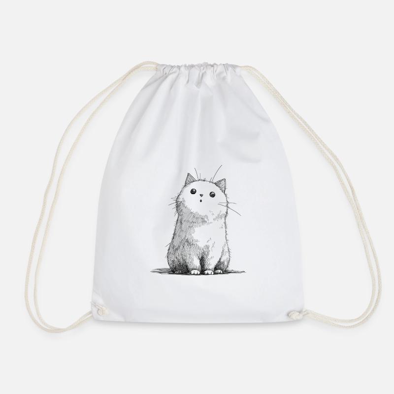Minimalist Cat Sketch Drawing - Drawstring Bag - white