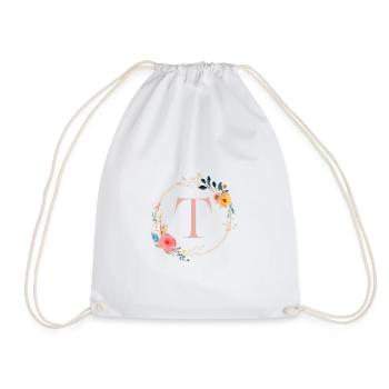 T Monogram Floral, Floral Wreath, Personalizable - Drawstring Bag - white - Front