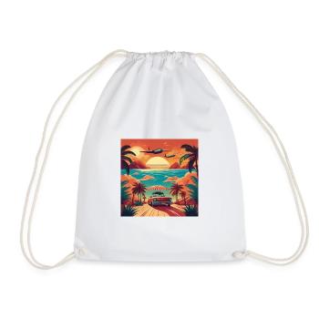 Vintage Beach Sunset with Red Car and Planes - Drawstring Bag - white - Front
