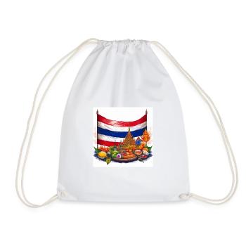 Thailand Flag with Temple and Cuisine Design - Drawstring Bag - white - Front
