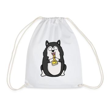 Fat Husky Dog Eating Pizza Funny Comic Style - Drawstring Bag - white - Front