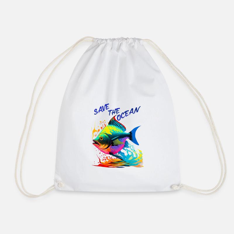 Save the Ocean. Colorful Fish - Drawstring Bag - white
