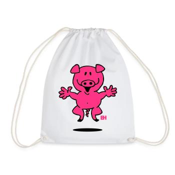 Whimsical Pink Pig Cartoon Design - Drawstring Bag - white - Front