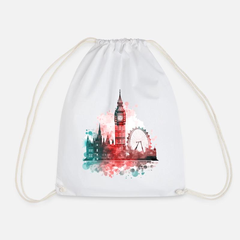 London England City Skyline Big Ben Colorful Splash - Drawstring Bag - white