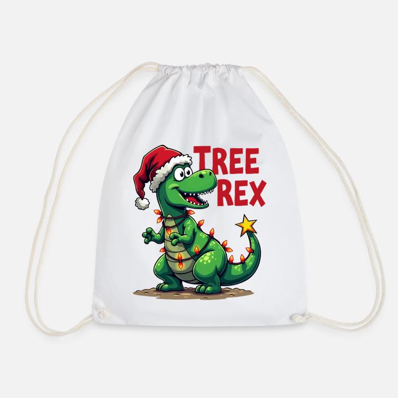 Christmas Dino – Funny T-Rex with Christmas Tree - Drawstring Bag - white