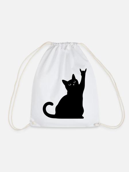 Black Cat – Devil Horns Silhouette - Drawstring Bag - white