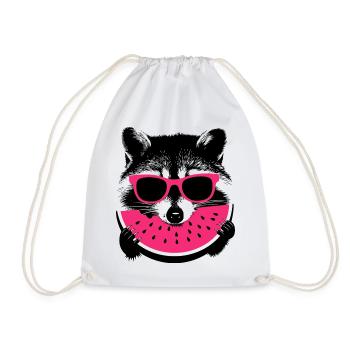 Raccoon in pink sunglasses eating melon - Drawstring Bag - white - Front