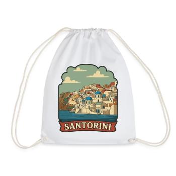 Santorini Greece Blue Dome Retro Travel Badge - Drawstring Bag - white - Front
