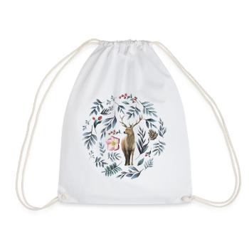 Deer Flowers Branches Watercolor - Drawstring Bag - white - Front