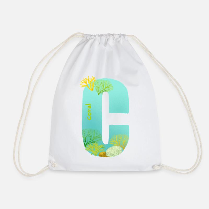 Coral Reef C Letter Design Blue Green Turquoise  - Drawstring Bag - white