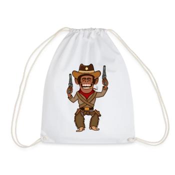 Funny Cowboy Monkey Gunslinger Cartoon Design - Drawstring Bag - white - Front