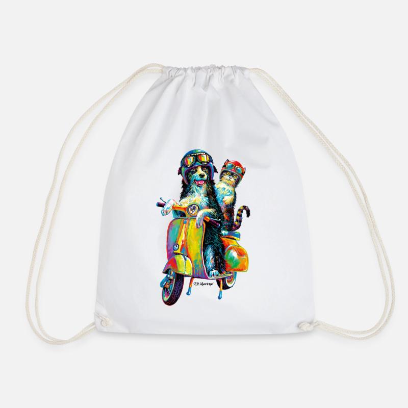 PD Moreno Cat And Dog On Scooter - Drawstring Bag - white