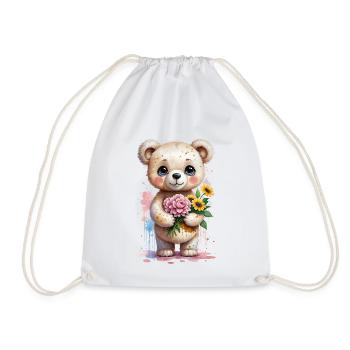 Kawaii Teddy Bear with Flowers - Adorable Watercol - Drawstring Bag - white - Front